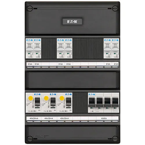 Eaton groepenkast 6 groeps 3x(2P)aardlekschakelaar + 4P hoofschakelaar 3F