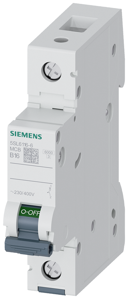 Siemens installatieautomaat, B-kar, 16A, 1P, 6kA, 400V AC, 50Hz, 1-mod, IP20